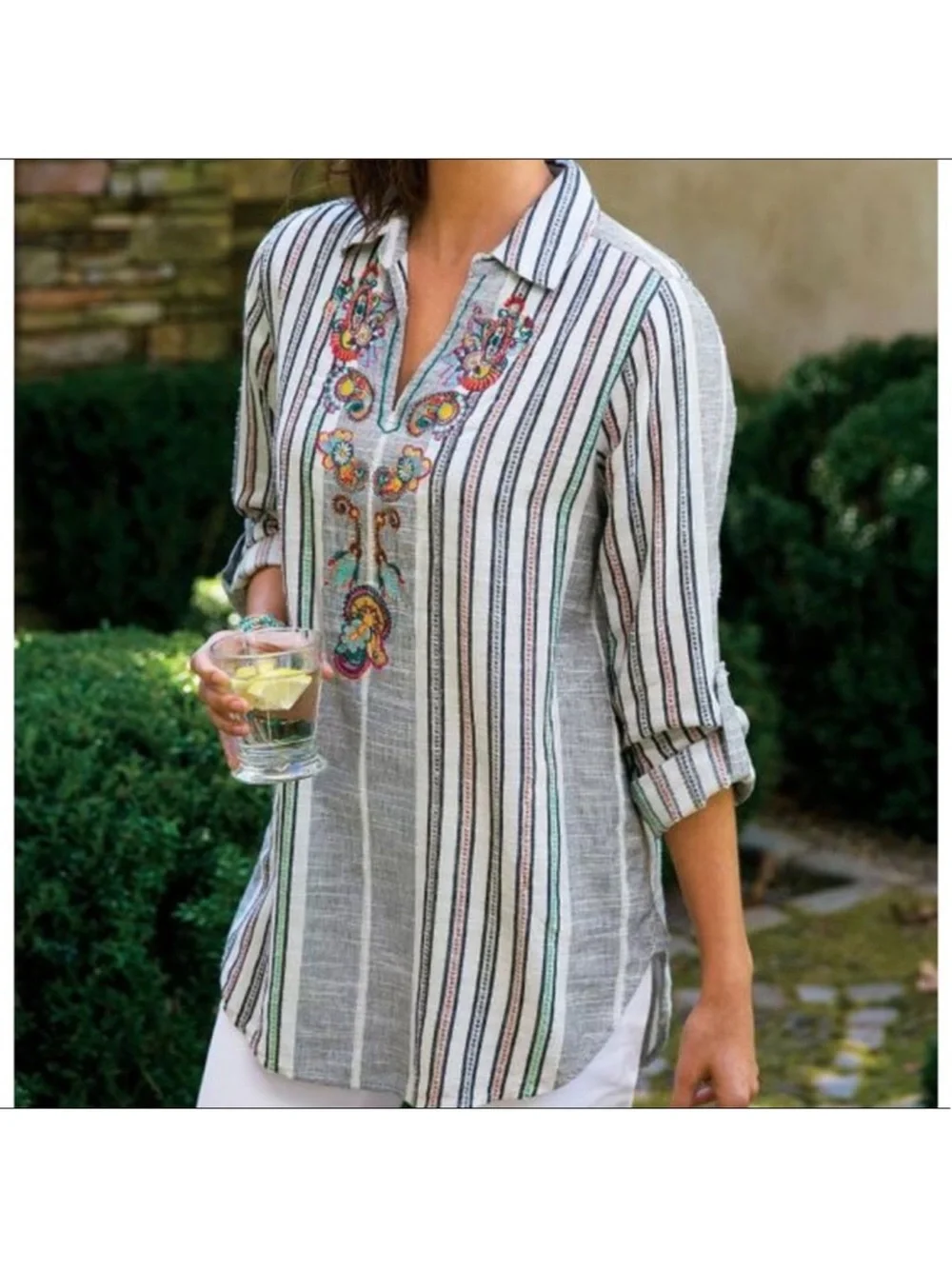 Soft Surroundings Embroidered Stripe Cotton Tunic Top Size Large Boho Lagenlook - Picture 4 of 16